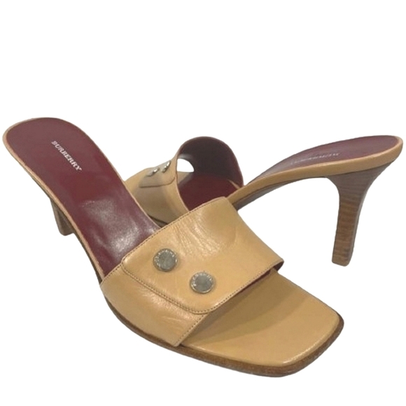BURBERRY Open Toe Leather  Heeled Mules Womens Slide Sandals Size EU 41/ US 10.5 - Picture 1 of 15